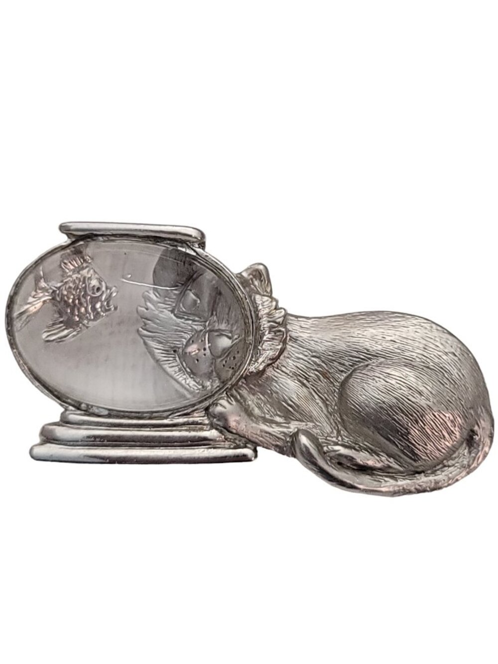 JJ Jonette Vintage Silver Tone Clear Lucite Cat and Fishbowl Brooch Pin, E951